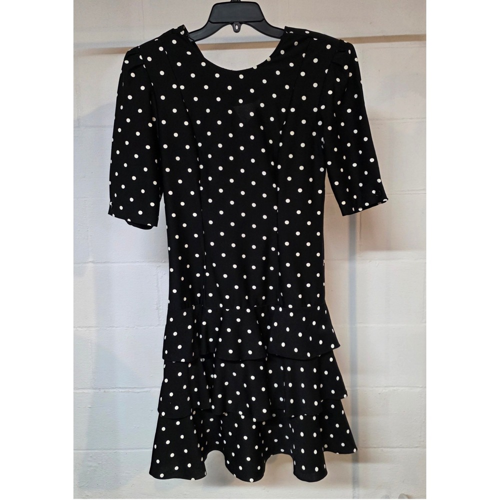 Sally Lou 80s Polka Dot Tier Ruffle Dress Black White Elbow Sleeve Scoop Neck